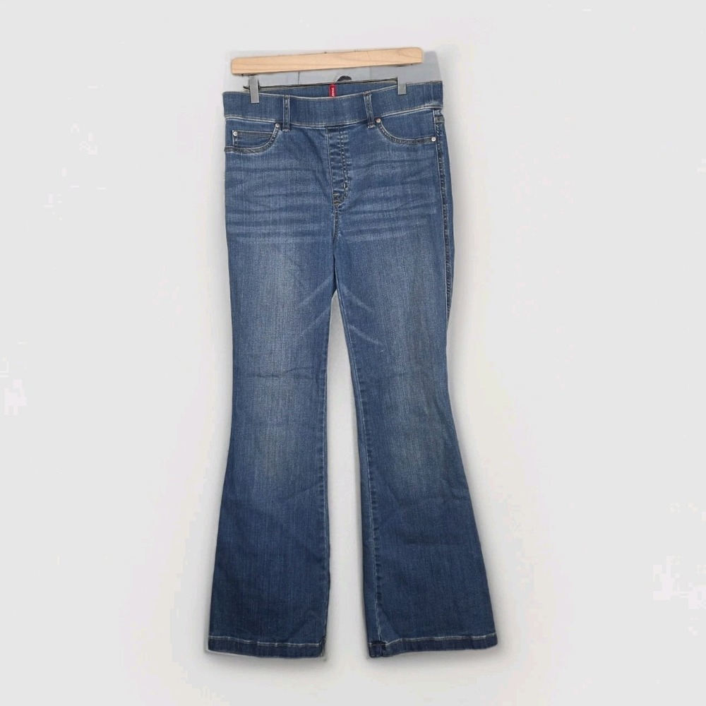 SPANX Pull On Jeans Womens Large size Bootcut Flare Leg Blue Denim